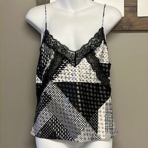 Victoria’s Secret Lace And Blk/Wht/Silver Patchwork Pattern Adjustable Cami- Med